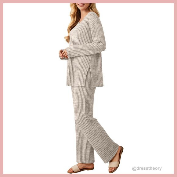 Ribbed Knit Lounge Set V-Neck Top Wide Leg Pants Pajama